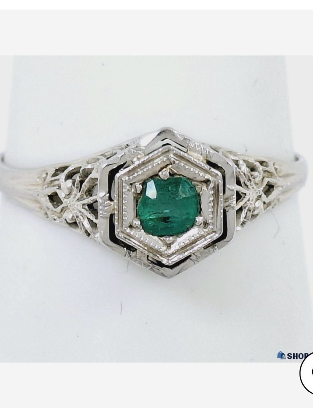 Art Deco 18K White Gold & Asscher Cut Emerald Filigree Band Ring -Sz 6.5